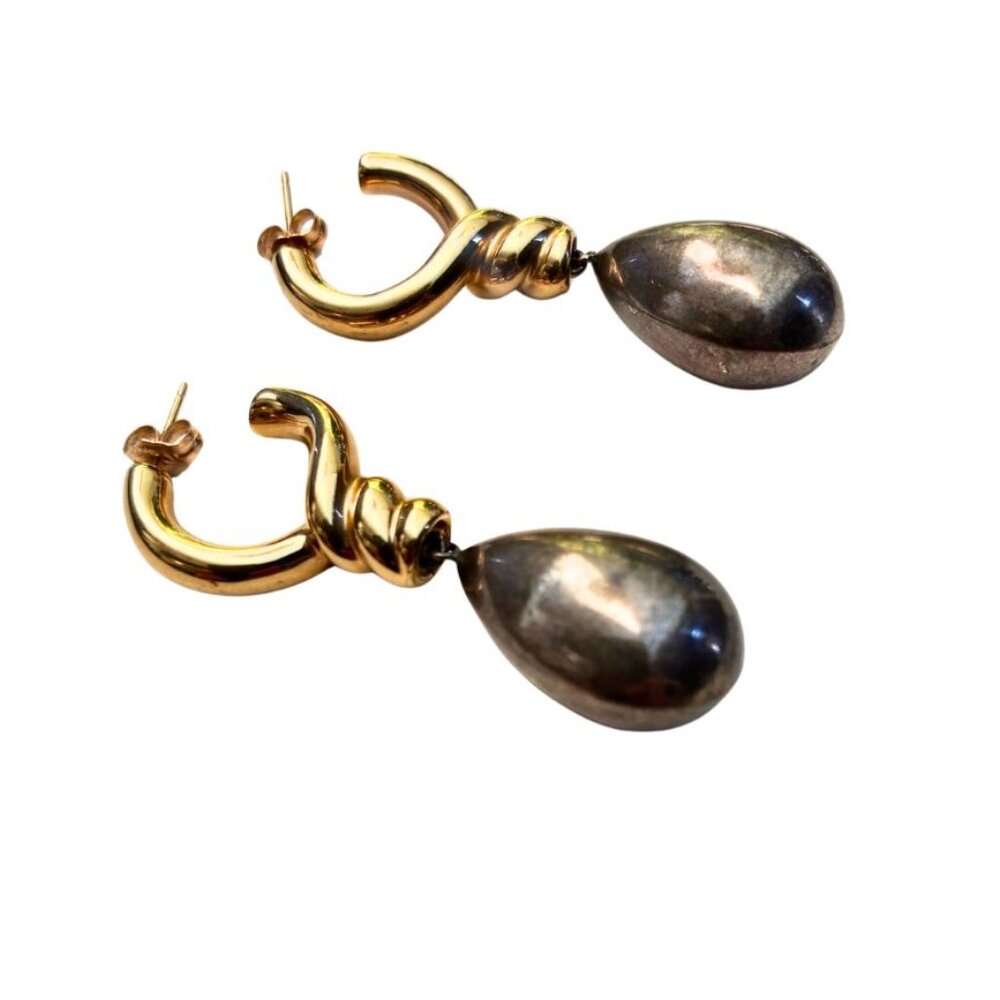 Vintage Jil Sander 14K Twisted Gold and Pearl Drop Hoop Earrings - Picture 3 of 7